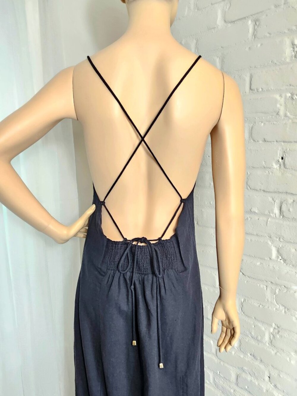 Free People Black Linen Button Front Maxi Dress Size L NWT Crossback - Picture 7 of 13